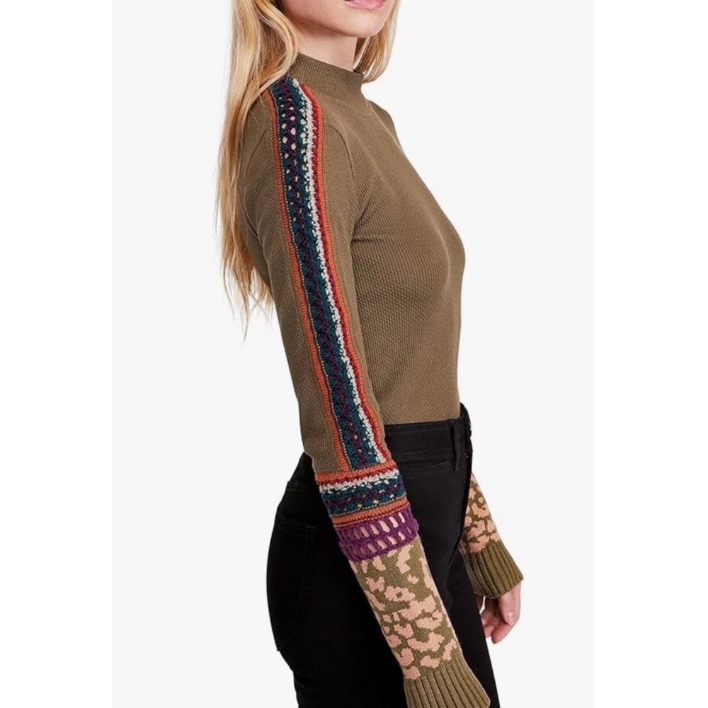 Free People Switch It Up Womens S Green Thermal Top Embroidered Crochet Boho